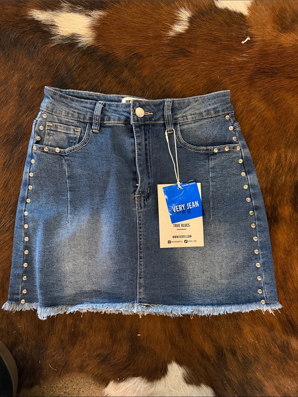 Very J blue denim studded mini skirt
